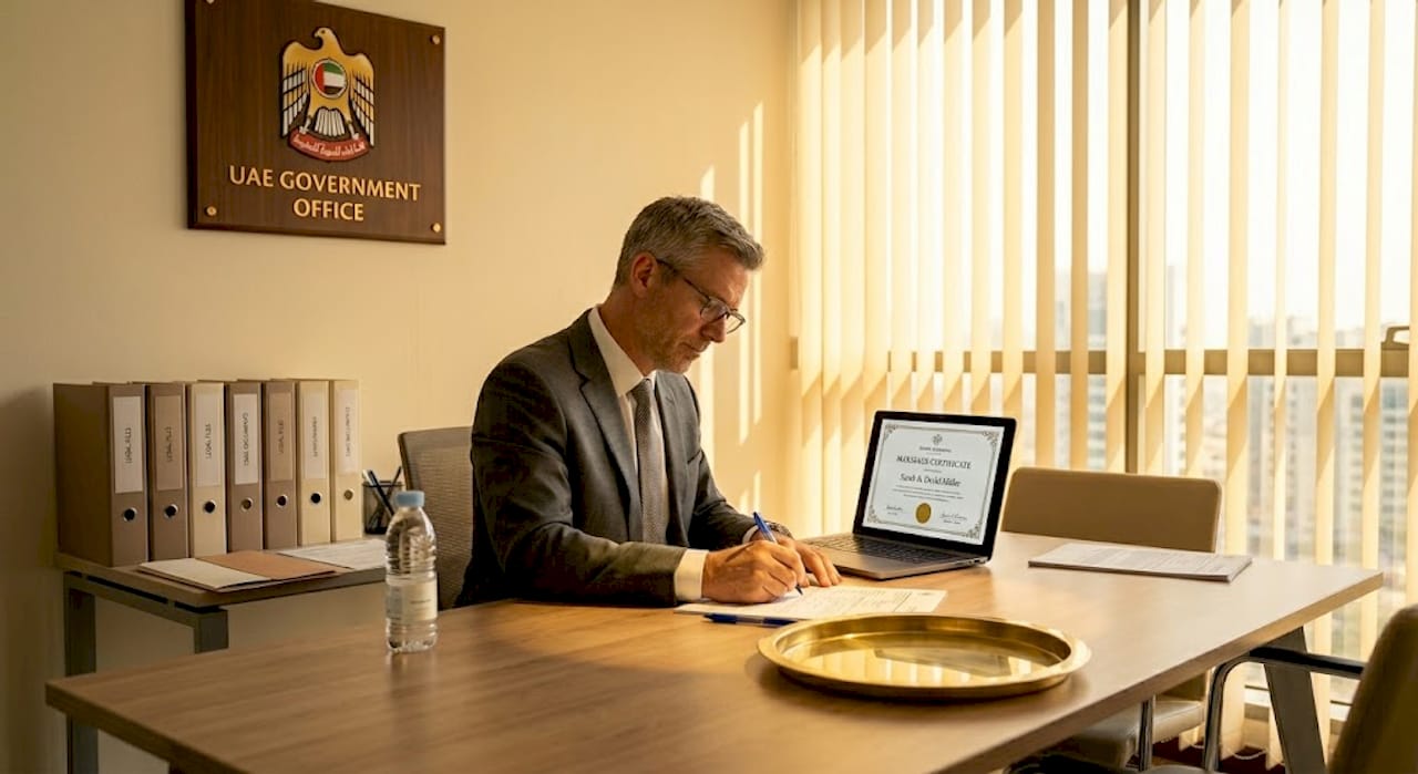 Lawyer reviewing talaq documents in UAE office