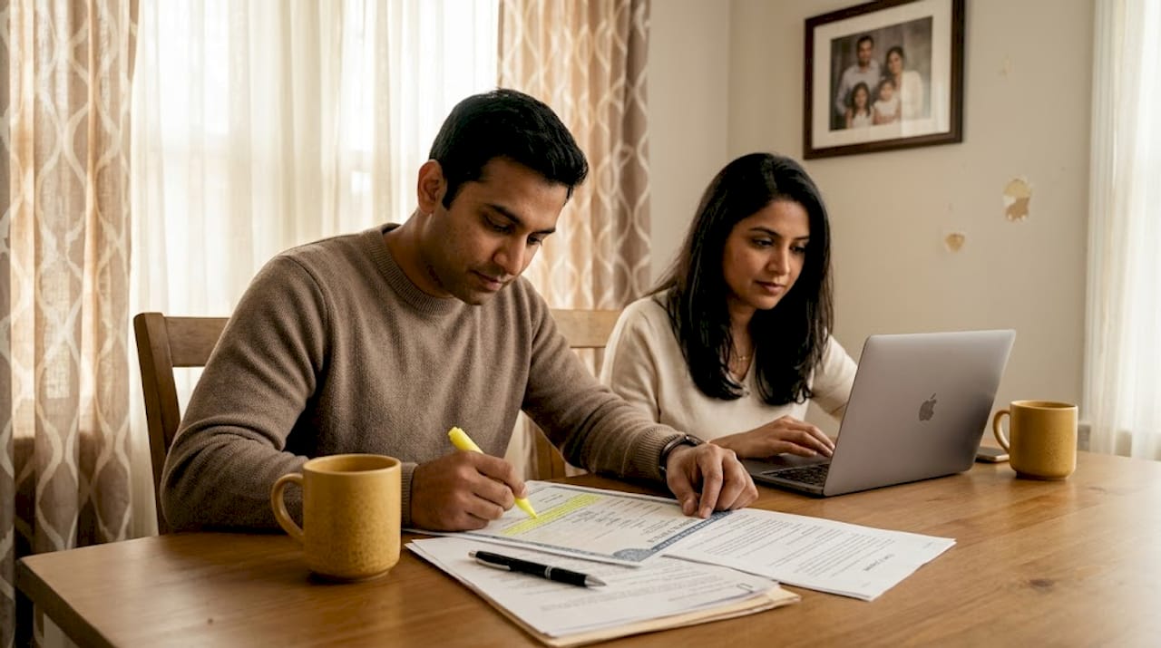 Expat couple reviewing documents at home