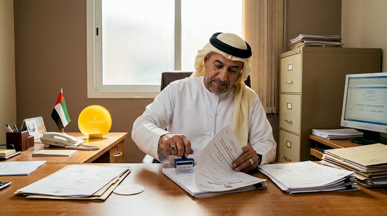 Court clerk stamping marriage certificate in office