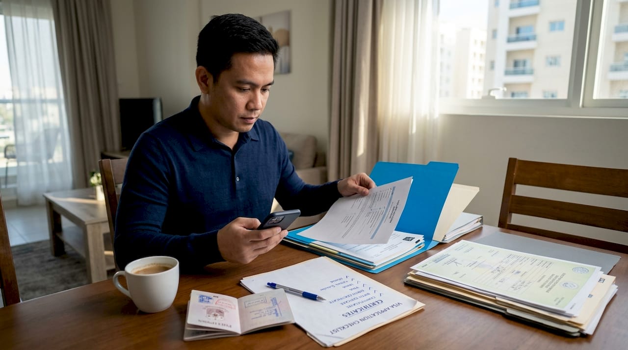 Filipino expat sorts documents for attestation