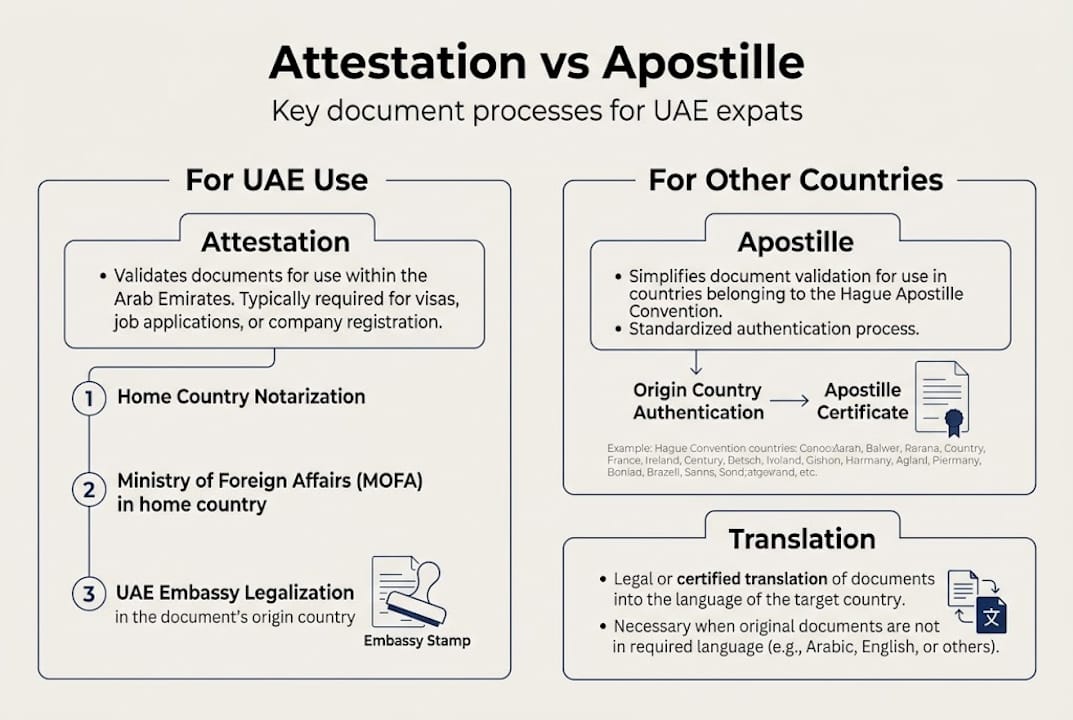 Infographic summarizing attestation and apostille differences