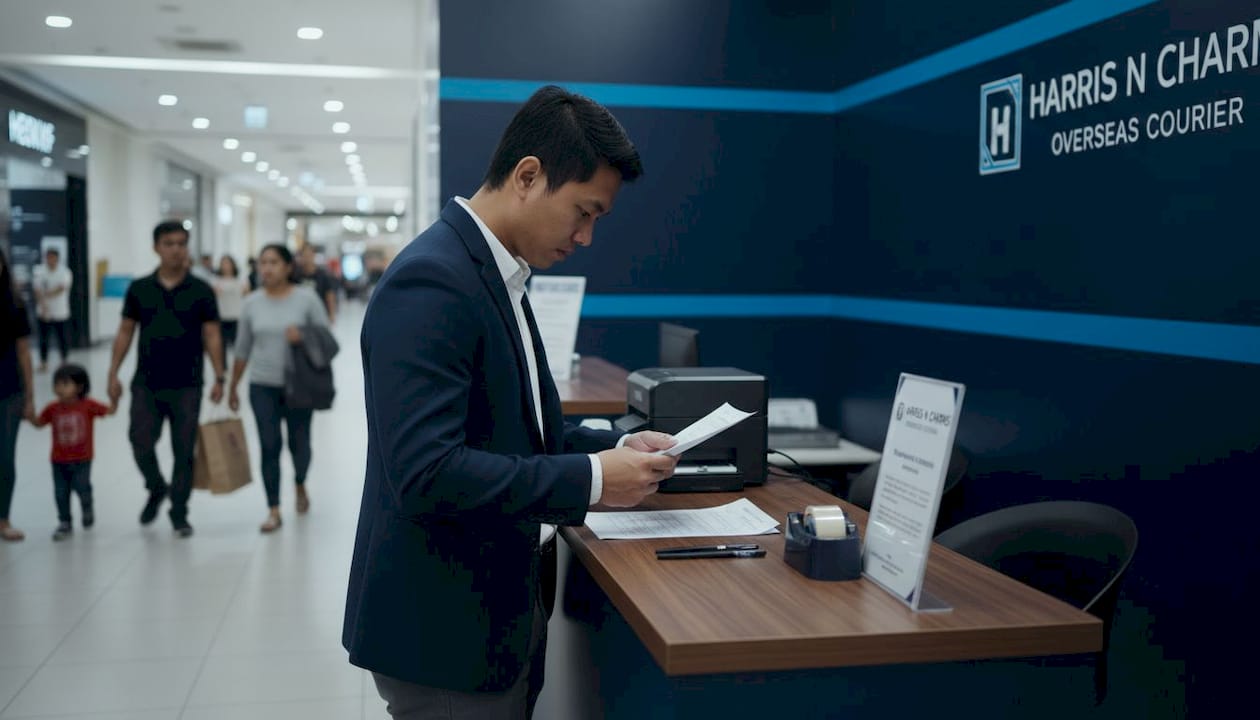 Filipino man preparing documents at courier counter