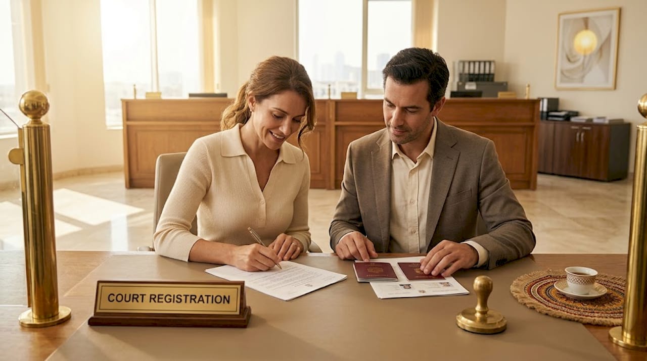 Couple signing paperwork at RAK courthouse office