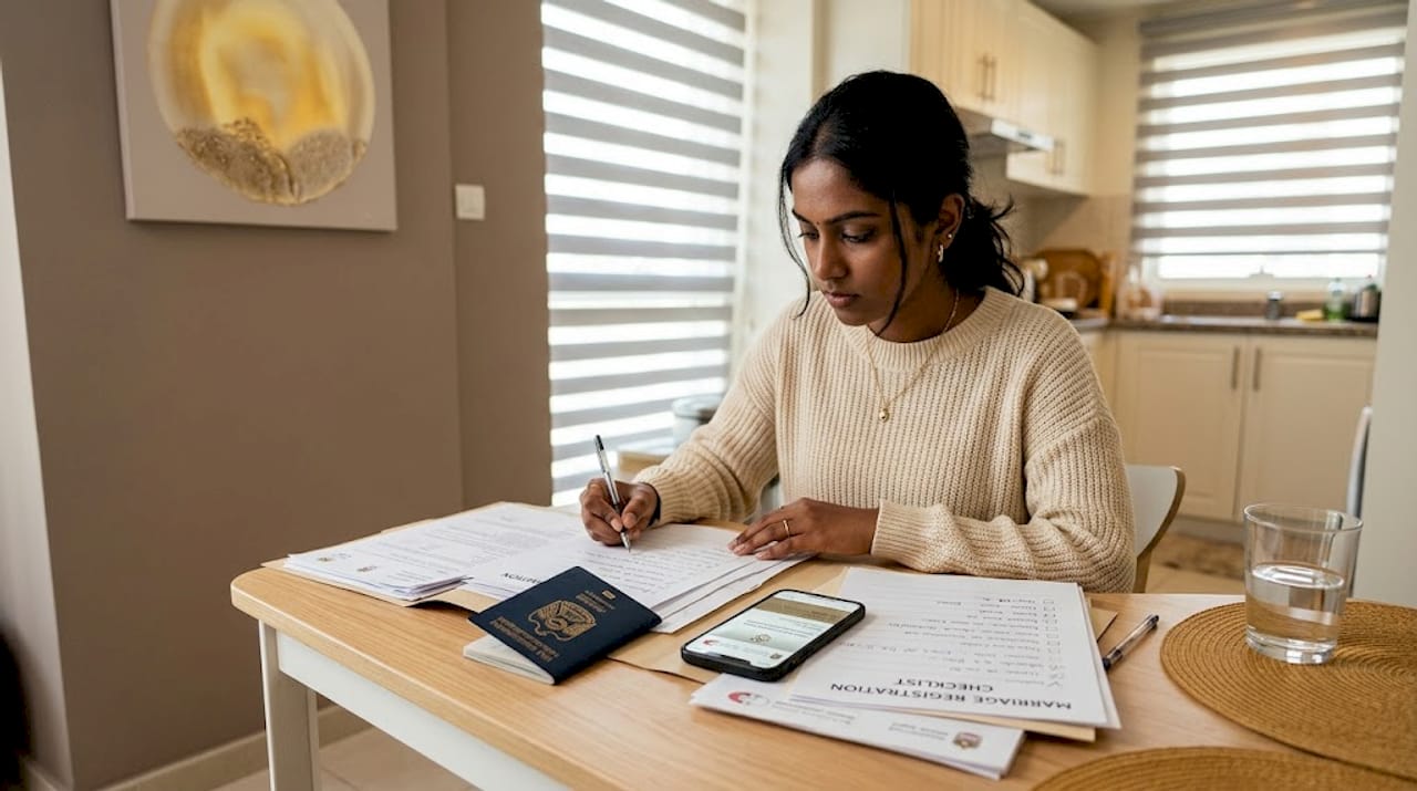 Woman organizing marriage documents at kitchen table