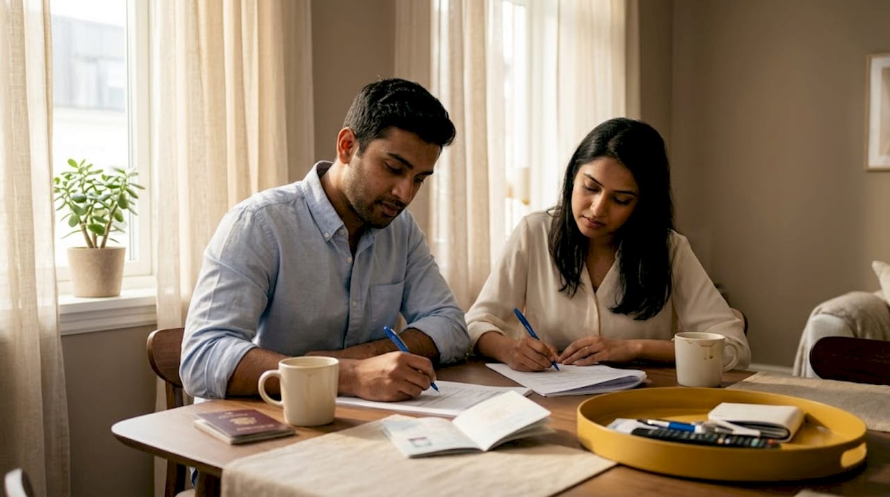 Couple completing UAE wedding paperwork at home