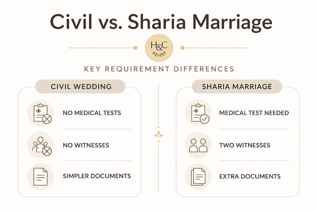 Infographic comparing civil and Sharia marriage requirements