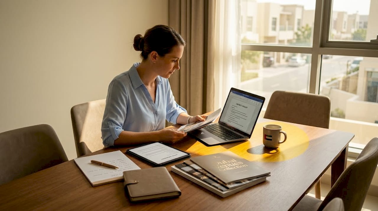 Wedding planner organizing documents in Dubai apartment