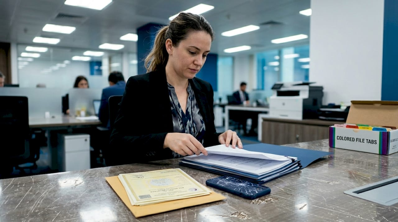 Professional sorting apostille paperwork at office