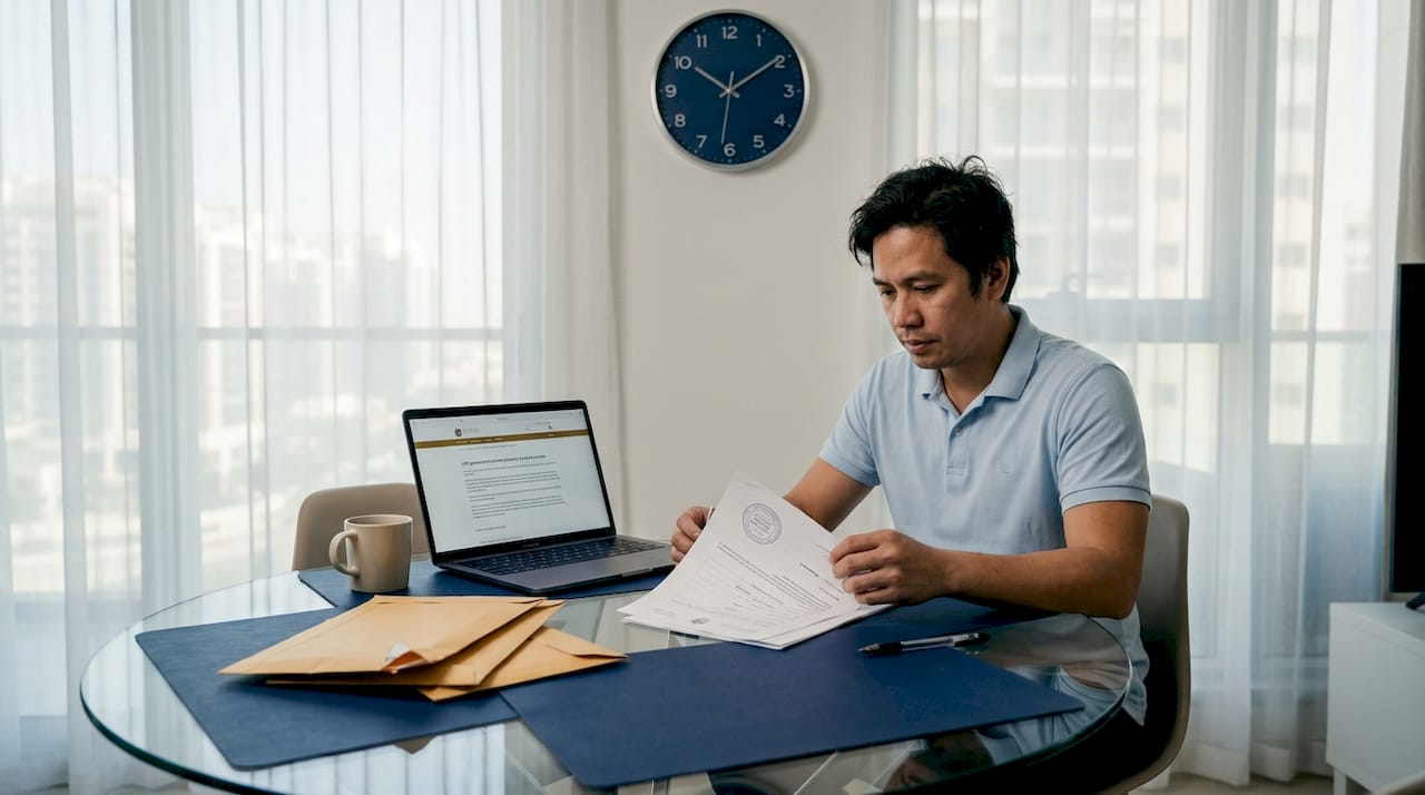 Filipino expat reviewing apostilled documents