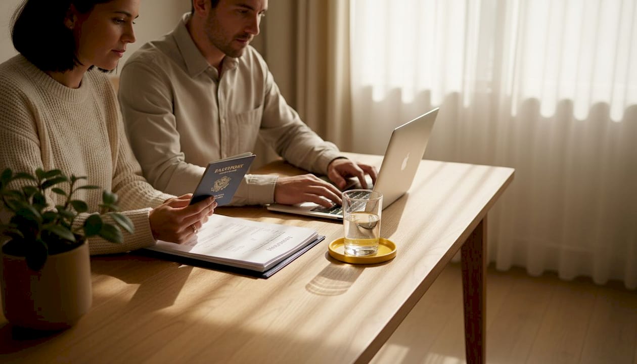 Couple organizing marriage documents at home