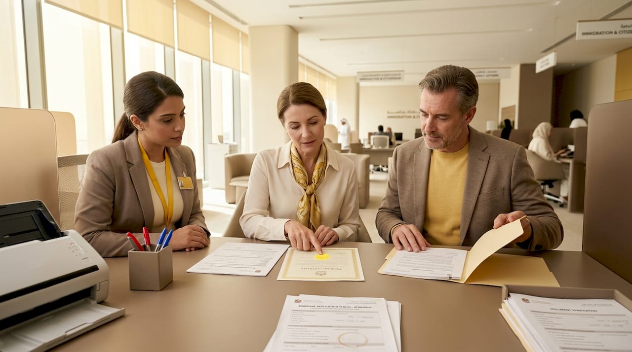 Couple validating marriage certificates at UAE office