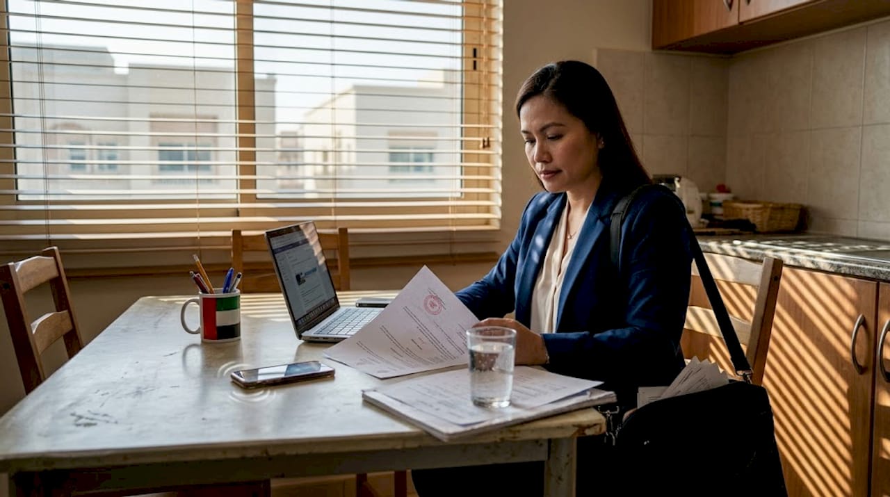 Filipino woman reviewing attestation paperwork at kitchen table