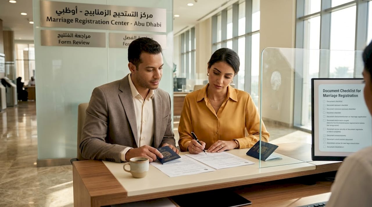Couple reviewing marriage documents in UAE office