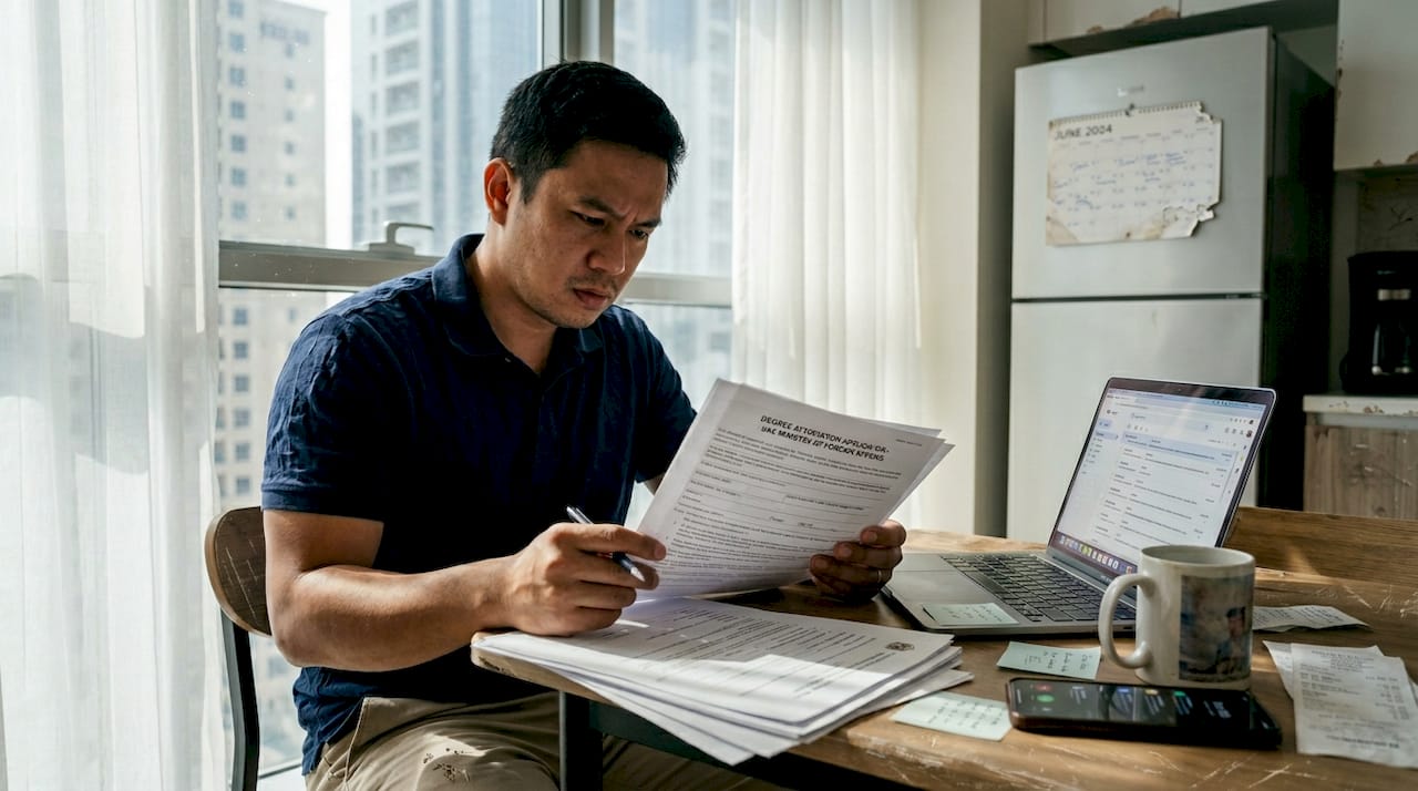 Filipino expat reviewing attestation paperwork