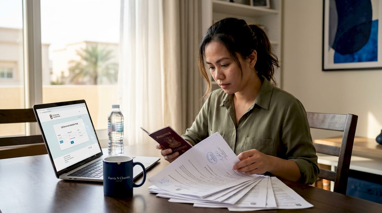 Filipino expat reviewing legal documents at home