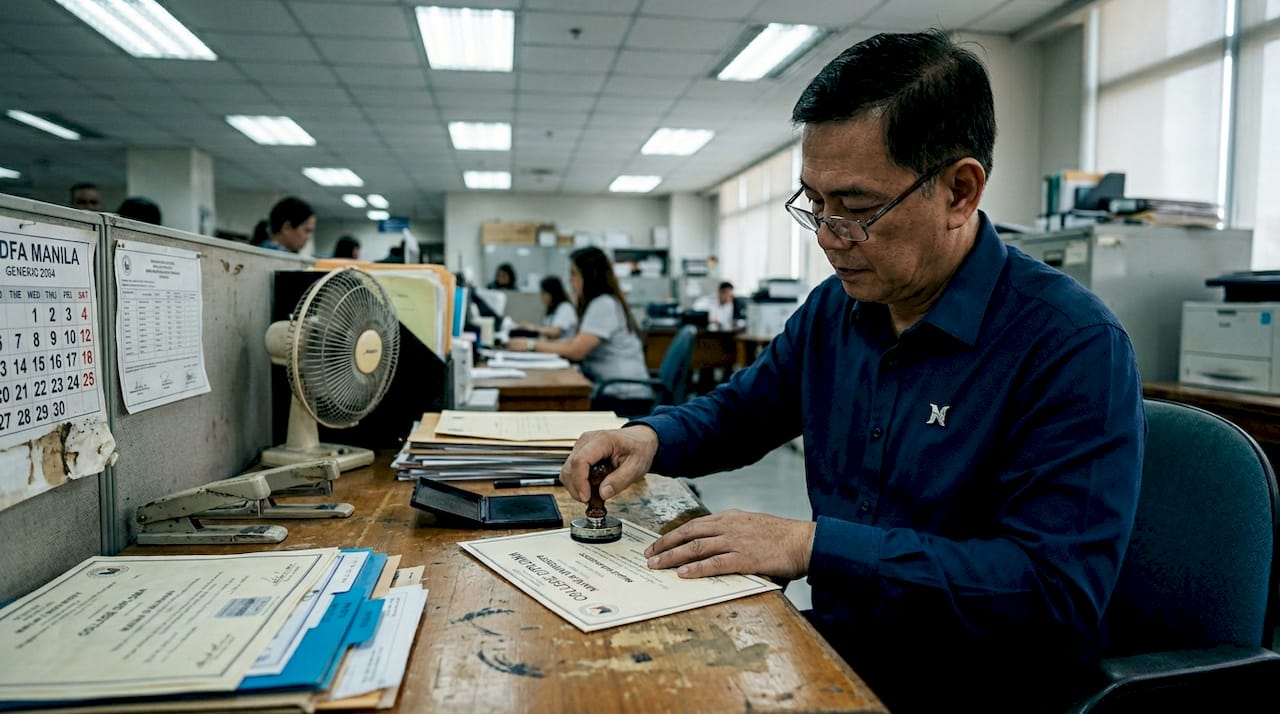 Legalization officer stamping diploma at DFA office