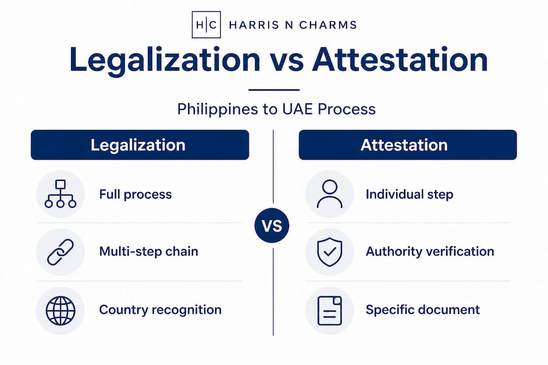 Infographic comparing legalization and attestation steps