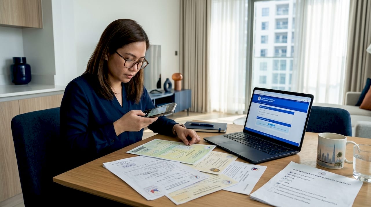 Filipino expat preparing documents for legalization UAE