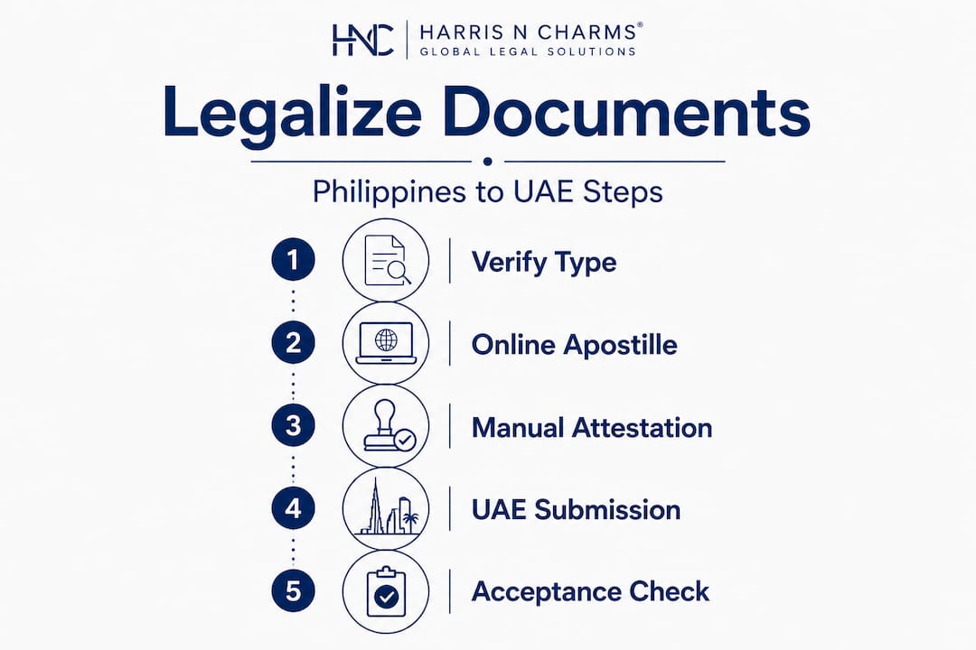 Vertical infographic outlining document legalization steps