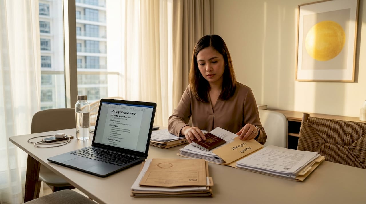 Filipina preparing marriage documents checklist in Dubai apartment