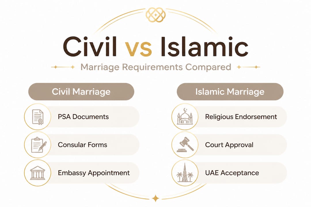 Infographic comparing civil and Islamic marriage requirements in Dubai