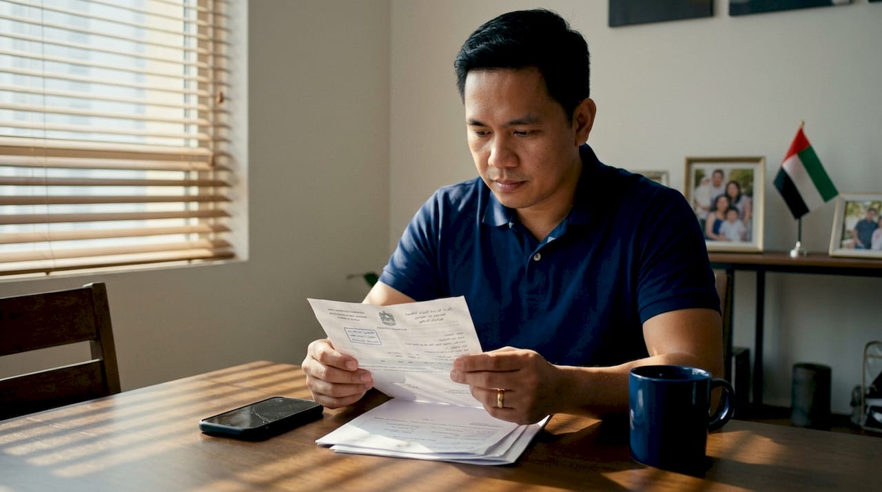 Filipino expat reviewing legal documents at apartment table