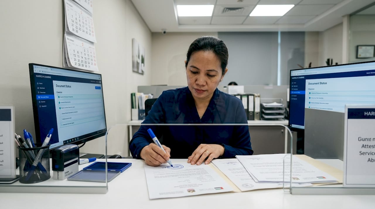 Agent reviewing documents at UAE attestation office