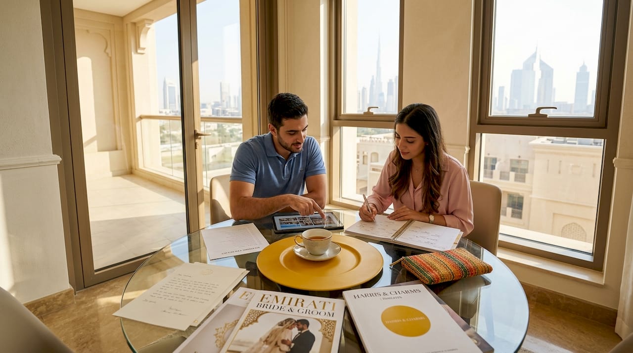 Couple planning UAE wedding at kitchen table