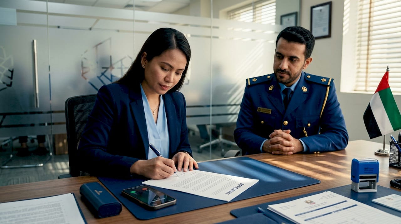 Filipino woman signing affidavit UAE office