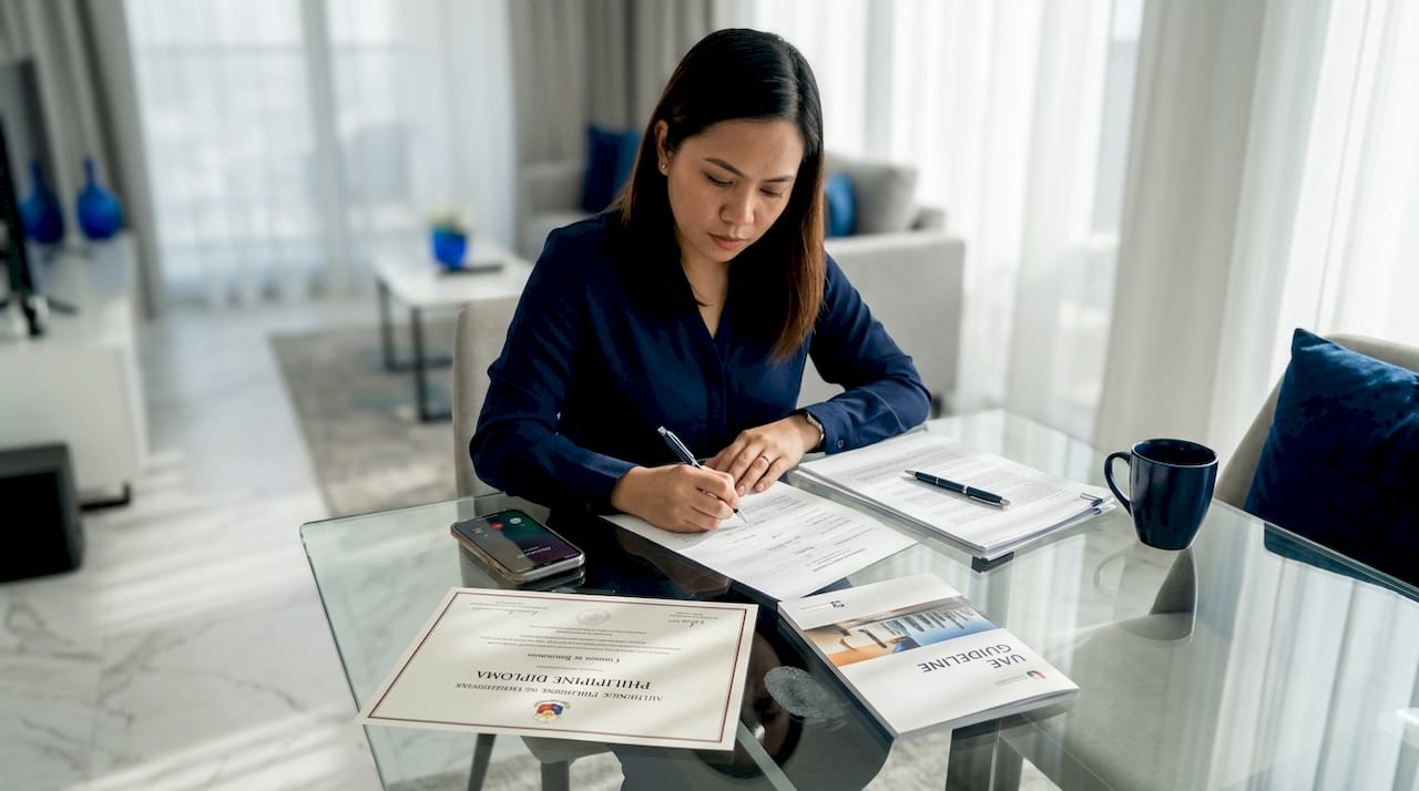 Filipino expat reviewing diploma documents at home