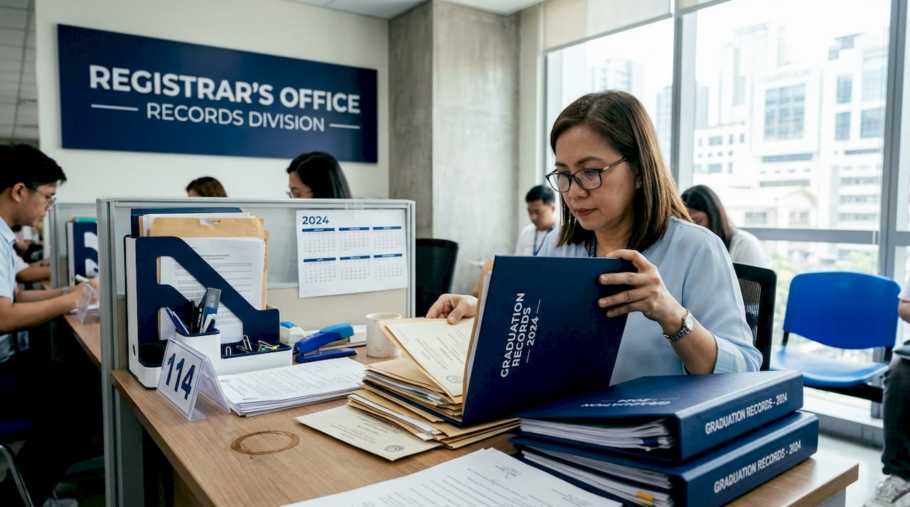 Registrar organizing academic certificates in Philippine office