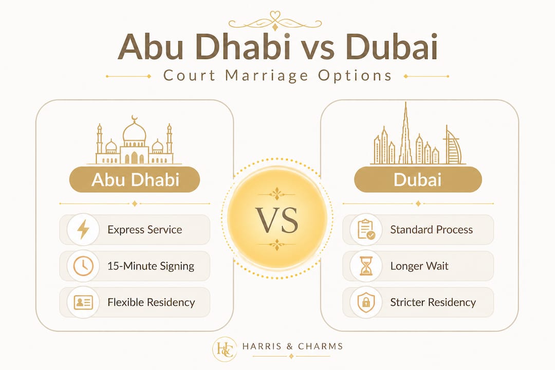 Infographic comparing Abu Dhabi and Dubai court marriage features