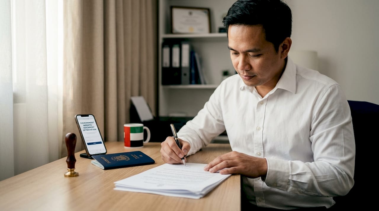 Filipino expat signing attestation paper in UAE home office