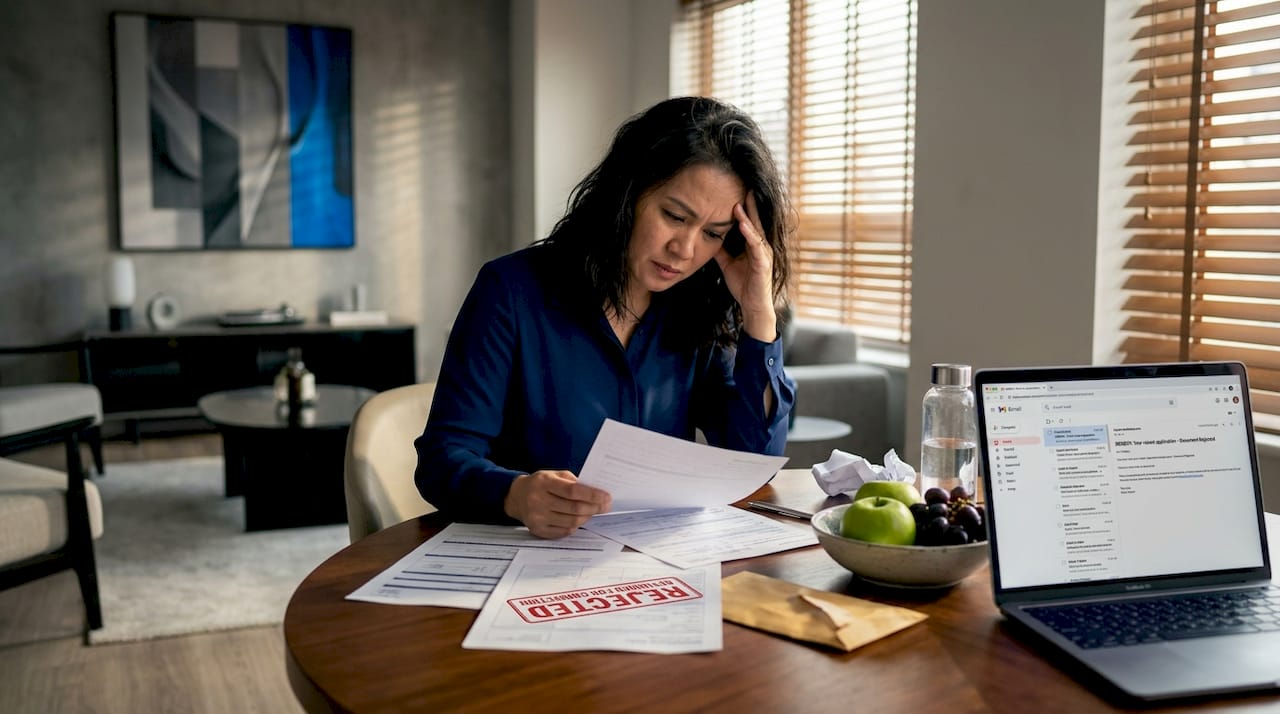 Filipino expat reviewing rejected documents at home