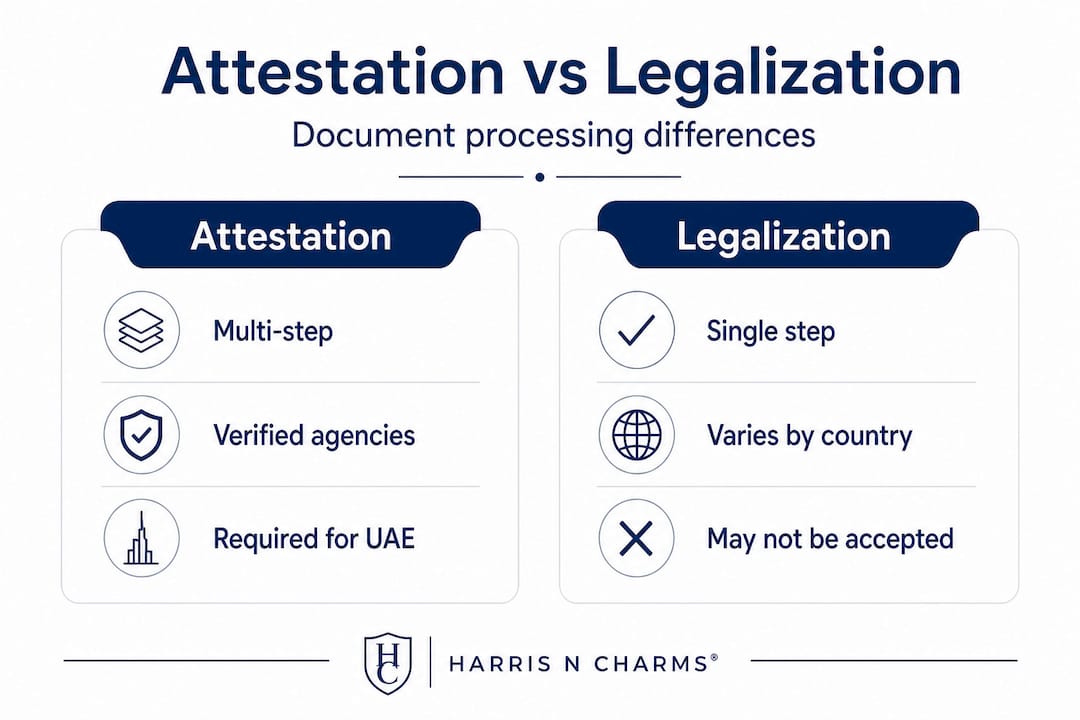 Infographic comparing attestation and legalization for UAE documents