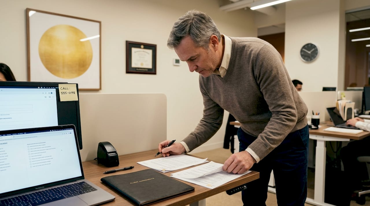Man reviewing document attestation in office
