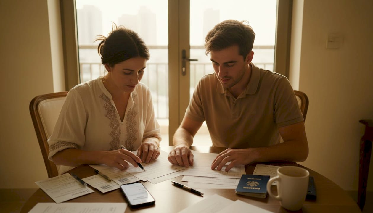 Expat couple organizing UAE wedding paperwork