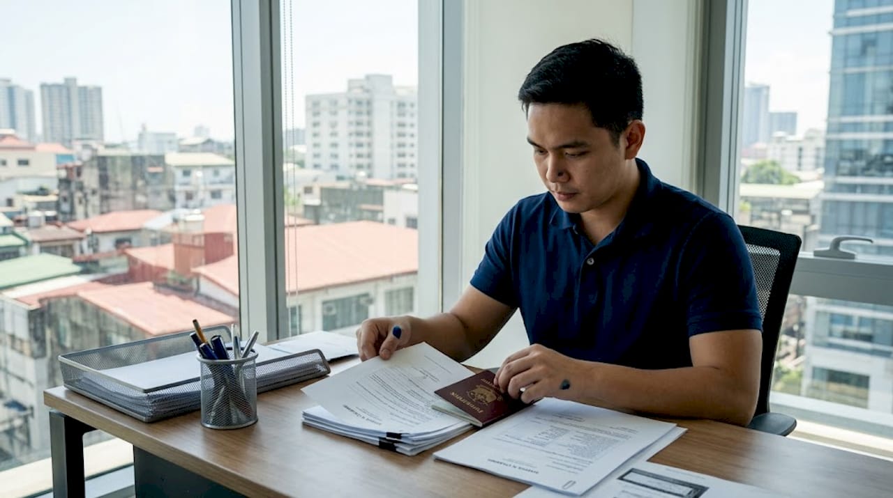 Filipino verifying documents in embassy office