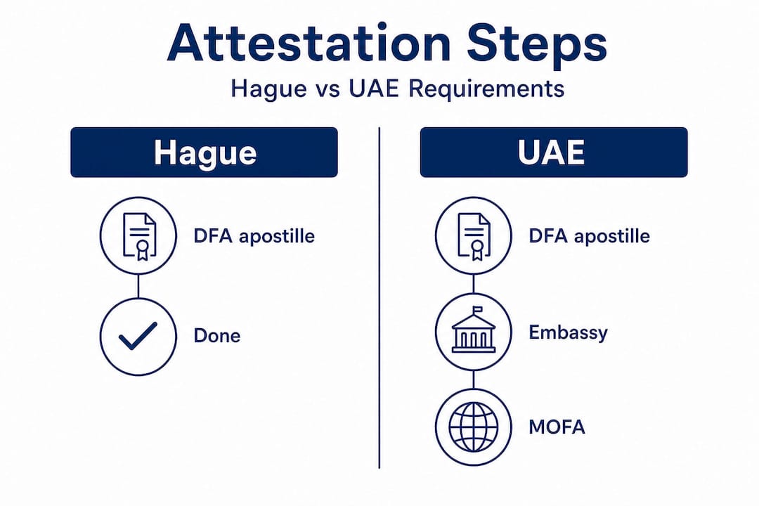 Infographic comparing Hague and UAE attestation steps
