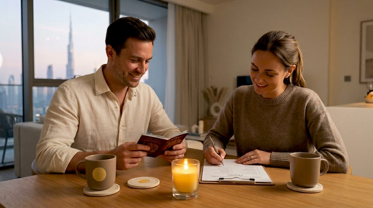 Couple reviewing marriage paperwork in Dubai apartment