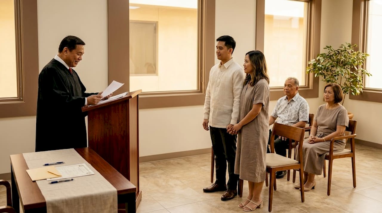 Civil wedding ceremony with judge and couple