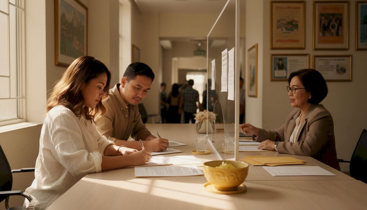 Couple signs marriage application at city office