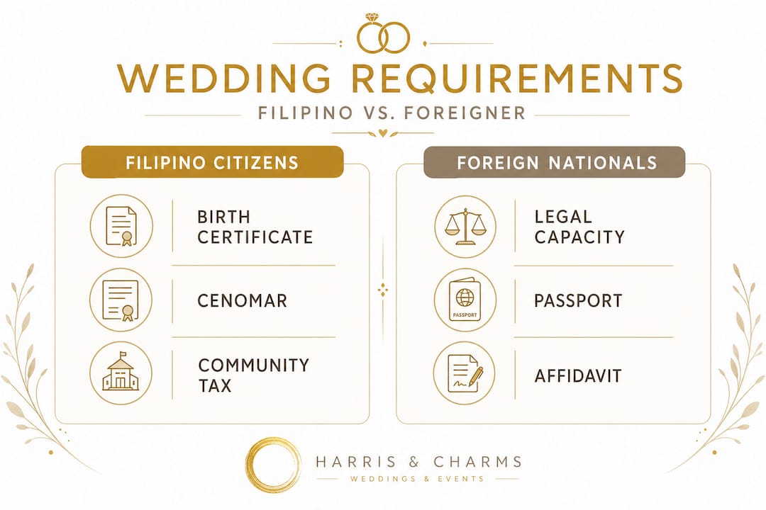 Infographic comparing wedding requirements for citizens and foreigners