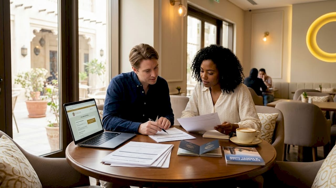 Expat couple reviewing UAE civil marriage forms