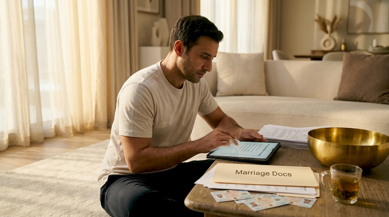 Man checking civil marriage paperwork checklist
