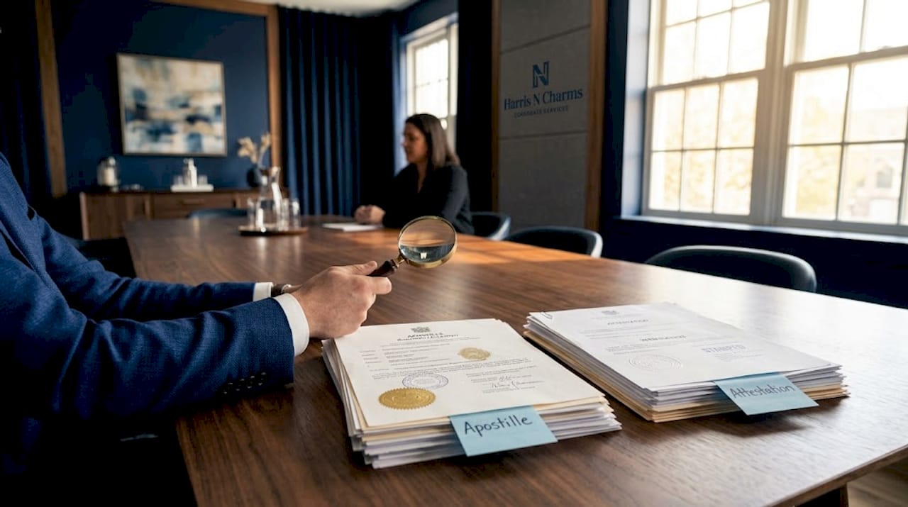 Studio desk shows apostille vs attestation documents