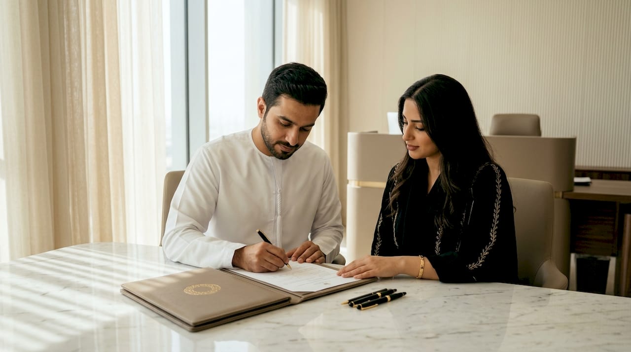 Emirati couple registering marriage documents