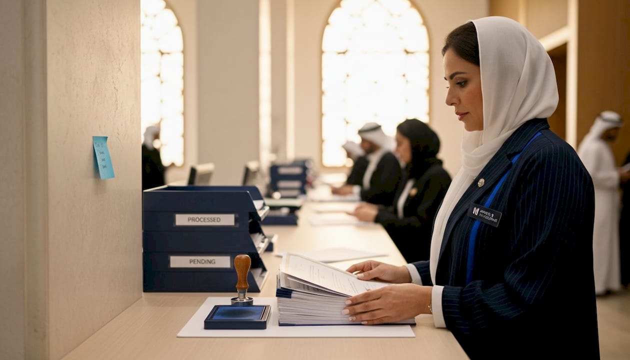 Staff verifying official documents in UAE office