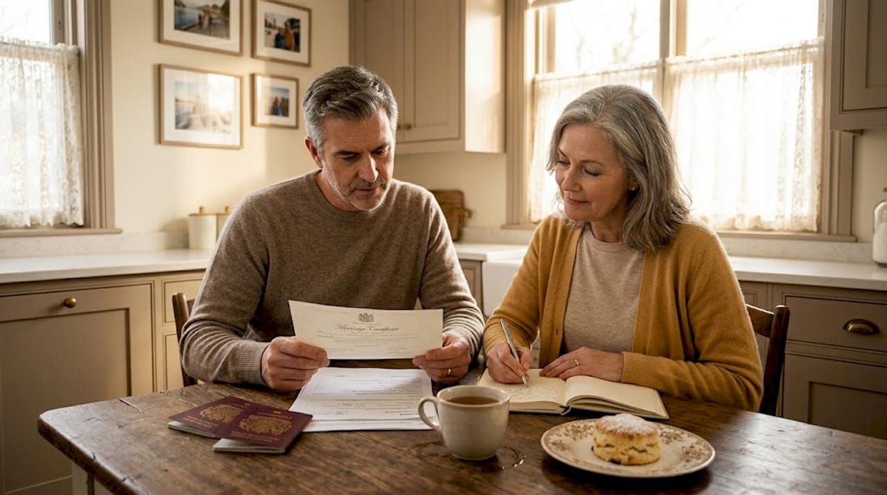 Expat couple reviewing marriage documents at table