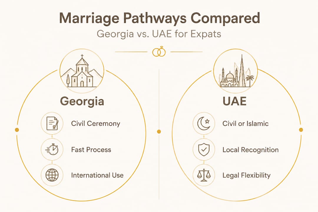 Infographic comparing Georgia and UAE marriage options for expats